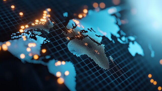 A detailed digital map representation showcasing the global connections and networks. Ideal for illustrating technology and data visualization concepts.