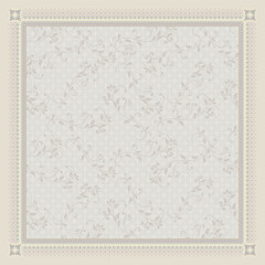 Soft floral patterned scarf design in muted beige and cream, featuring subtle botanical elements framed by elegant geometric borders. A refined and versatile accessory for a timeless, classic look.