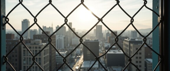City view through a chain link fence with sunrise and soft haze