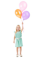 Balloons, excited and portrait of kid in studio for birthday party, celebration or fun with event. Smile, decoration and girl child from Germany with flying inflatable accessory by white background.