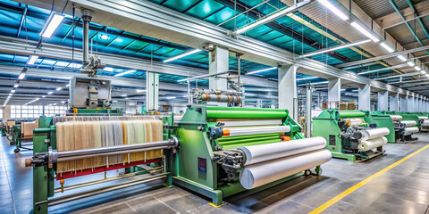 Modern textile weaving machines are efficiently producing fabric in spacious industrial setting, showcasing advanced technology and organized workflow