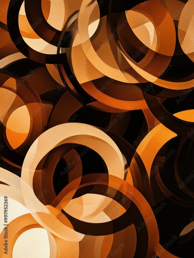 Poster Overlapping coffee cup rings in various brown shades create a striking abstract pattern with a dynamic and organic feel. Generative AI