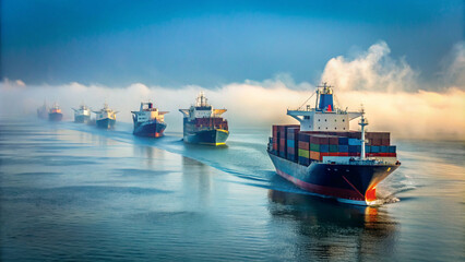 Naklejka premium Majestic cargo ships navigate through calm waters, creating serene atmosphere as they glide past each other in misty harbor. scene captures essence of maritime trade and transportation