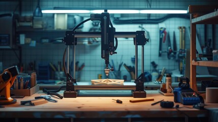 CNC Machine Precision: Crafting Innovation in a dimly lit workshop, a CNC machine meticulously works on a piece of wood, surrounded by tools and a sense of craftsmanship.