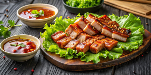 Delicious grilled pork belly slices served on bed of fresh lettuce, accompanied by flavorful dipping sauces. This dish is perfect for sharing and enjoying with friends