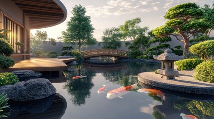 Naklejka premium A serene Japanese meditation garden with a tranquil koi pond