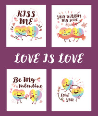 Hand drawn style rainbow heart shape valentine's day cards with love quote. Collection of the LGBTQ couple lover date. Joyful homosexual couple in love concept set. Kiss Hug Warm XOXO Soulmate Dance