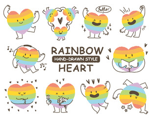 Obraz premium Cute hand drawn style rainbow color heart shape character sticker. Variety of love symbol concept crayon drawing doodles Health, lovely, running hearts icon set. LGBTQ Love is love. Romantic valentine