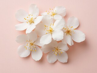 2408 44.A simple and elegant arrangement of white flowers with bright yellow stamens placed delicately on a pale pink background. The smooth texture of the petals contrasts beautifully with the