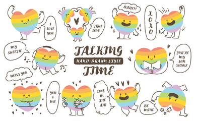 Fototapeta premium cute hand drawn style rainbow color heart shape character with romantic quote speech bubble. Variety of LGBTQ love symbol concept crayon drawing doodles blank text. Health lovely running hearts icon