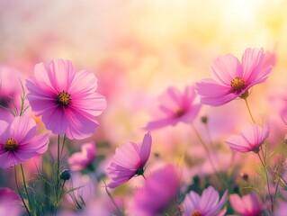 2408 47.A colorful field of cosmos flowers stretching into the distance, their bright pink blooms illuminated by the warm morning light. The soft petals and fresh green stems create a serene,