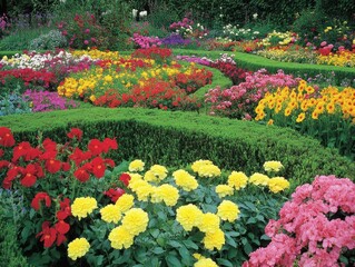 2408 51.A vibrant English garden with neatly arranged flower beds bursting with a variety of colorful blooms. The rich greens of the manicured hedges contrast with bright clusters of red, yellow,