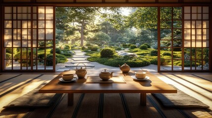 Fototapeta premium A serene Japanese tea house with tatami mats
