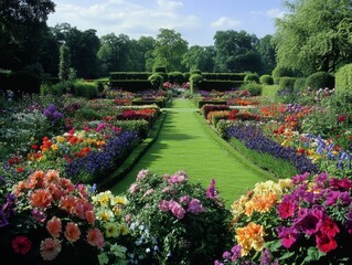 2408 54.A rich English garden scene with carefully tended flower beds bursting with color. The bright, multi-hued flowers are planted in symmetrical rows, with tall hedges and lush green lawns