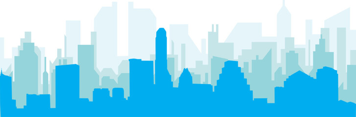 Blue panoramic city skyline poster with bluish misty transparent background buildings of AUSTIN, UNITED STATES