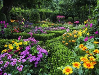 Fototapeta premium 2408 55.A charming English garden with flower beds filled with a variety of colorful blooms. The bright pinks, yellows, and purples of the flowers stand out against the deep green hedges, creating a