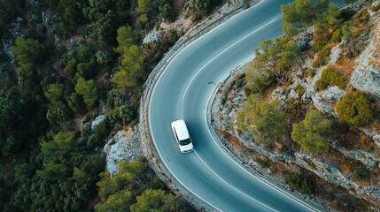Fototapeta premium A white vehicle crashed on a winding road.