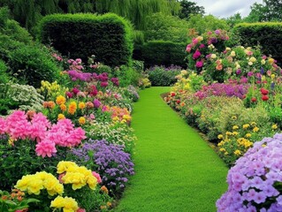 2408 55.A charming English garden with flower beds filled with a variety of colorful blooms. The bright pinks, yellows, and purples of the flowers stand out against the deep green hedges, creating a