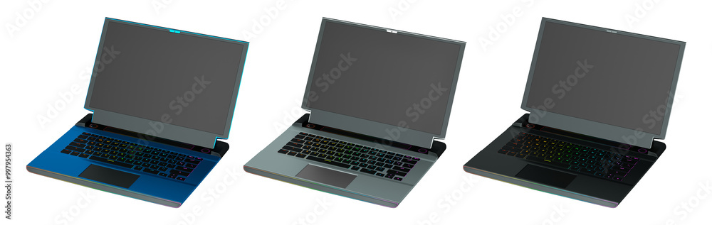 Poster set of modern laptops with rgb lights isolated on white background with clipping path. 3d render of 