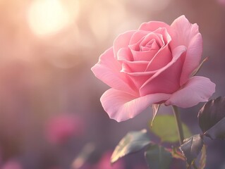 2408 58.A romantic pink rose bloom against a softly blurred background. The clean composition highlights the natural beauty of the flower, with soft light accentuating the petals, ideal for banners