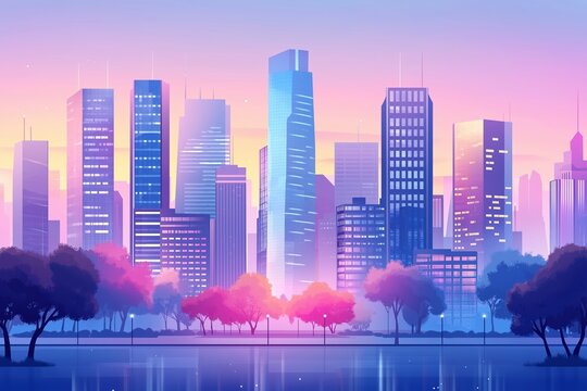 Animated cityscape with diverse modern buildings, parks, and a bright, cheerful color scheme in a simplistic design