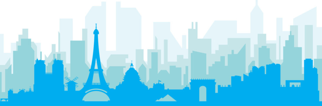 Blue panoramic city skyline poster with bluish misty transparent background buildings of PARIS, FRANCE