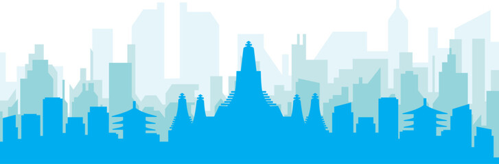 Blue panoramic city skyline poster with bluish misty transparent background buildings of BANGKOK, THAILAND