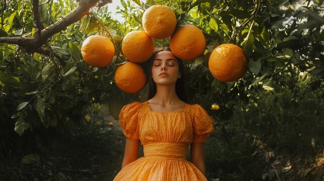 A woman in an orange dress conceals seven oranges behind her.