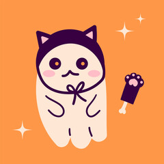 Cute beauty ghost. Happy Halloween ghosts characters, spooky expression creature. Funny scary magic demon with cat hat , mystery creative vector clipart
