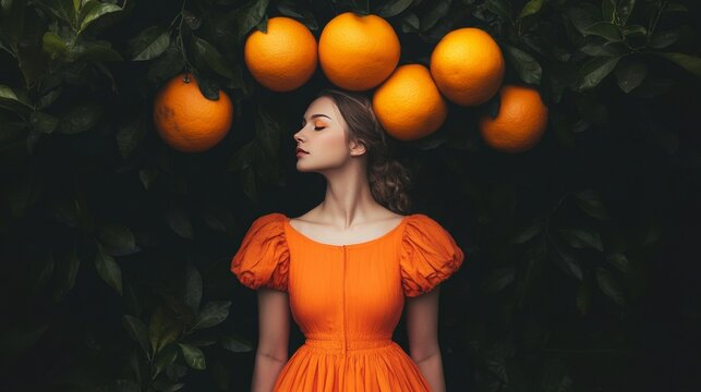 A woman in an orange dress conceals seven oranges behind her.