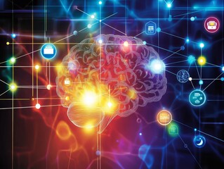 Obraz premium 2408 72.A vibrant vector design featuring a digital brain connected to multiple icons, representing multimodal learning in artificial intelligence. The background is filled with glowing data streams