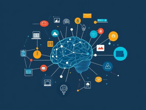 2408 71.A futuristic vector illustration of a digital brain with interconnected nodes representing multimodal learning. Surrounding icons display various forms of data inputs, from text to image to