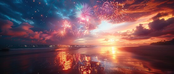 Fototapeta premium Colorful Fireworks Display Over Serene Beach at Sunset