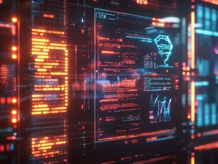 2408 83.A command prompt screen glowing with AI instructions, followed by an output of business data and analytics. The futuristic environment is filled with data streams and digital interfaces,