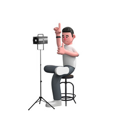 Professional Male Media Character. A male photographer is sitting behind a studio light with his right hand pointing up while his left hand is sticking out his thumb. 3D Photographer