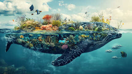 Fototapeta na wymiar Zwierzęta, rośliny i wodne środowisko tworzą kolorowy, kreatywny kolaż, który ukazuje bioróżnorodność naszej planety. 