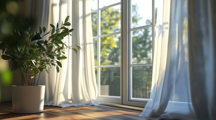 Fototapeta premium A bright room features sheer curtains framing a window with a leafy plant nearby, allowing natural light to spill in.