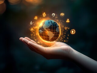 2408 100.A detailed image of a hand holding a small globe, with ESG icons floating around it. The visual symbolizes global cooperation in business, with a focus on integrating sustainable