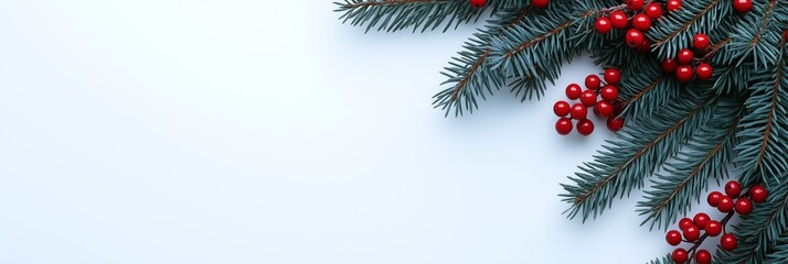 Close-up of a Christmas wreath featuring red berries and green pine needles on a plain white background with open space for text