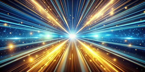 Obraz premium Speed of light warp speed tunnel gold and cyanoblue color with particles background Leading Lines