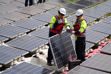 Floating solar panels providing renewable energy. Aerial view floating on solar cells