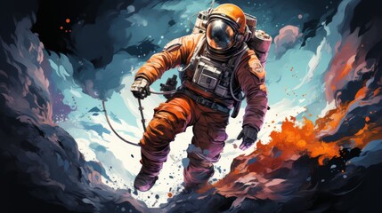 Obraz premium A man in an orange spacesuit is flying through space