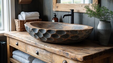 Hand-Carved Granite Sink on Old Wooden Vanity in Bathroom of Modern Rustic House &ndash; Minimalist Decor and Earthy Tones

