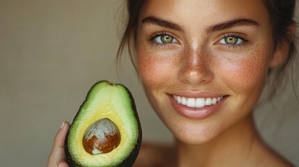 A young woman smiles brightly while holding a halved avocado in front of her face. Her radiant complexion and sparkling eyes create a fresh and inviting atmosphere