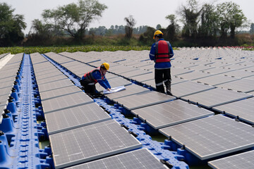 Floating solar photovoltaic panels at sustainable electrical power plant for generating clean...