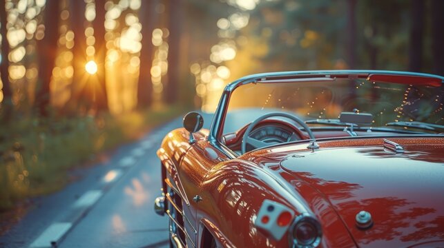 Behind the wheel of a classic retro car with plush dice, used and ripped wheel cover, with soft defocused road and green forest and sunset shining through the diry windows. 