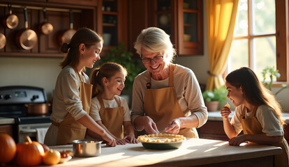 A grandmother and her grandchildren prepare a traditional Thanksgiving pie together in the kitchen