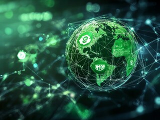 2408 132.A green sphere with ESG icons floats amidst a digital network of interconnected lines, symbolizing the global collaboration of businesses focused on sustainability and ethical practices. The