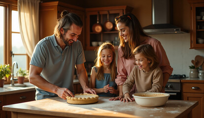 A family makes a traditional Thanksgiving pie together at the kitchen