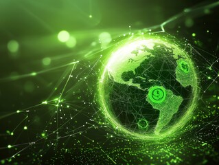 Obraz premium 2408 133.A green globe with ESG icons is centered within a network of glowing lines and nodes, representing the global movement towards sustainable business practices. The sphere radiates light,